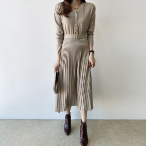 Korean Chic Autumn and Winter New Solid Color Versatile Knitted V-neck Dress Women Long Sleeve Single Breasted Office Long Dress