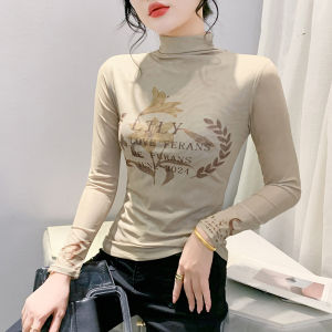 REHIN European Style Plaid Printed Mesh Long-Sleeve T-shirt Slim Fit Fall/Winter Fashion High-neck Elegant S-4XL Womens Top
