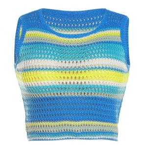 เสื้อสเวตเตอร์คอตั้งสีบล็อกลายทางสั้นสไตล์ลำลองสำหรับผู้หญิงในช่วงฤดูร้อนปี 2023 เสื้อคลุมกันหนาวแบบสวมหัวแขนยาว