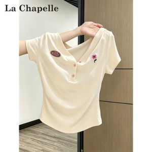 La Chapelle | Embroidery V-Neck Plunge Button Design Short Slim T-Shirt