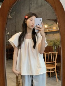 พลัสไซส์ ผู้หญิง เสื้อเชิ้ต ฤดูร้อน 2024 หลวม Fit Flying Sleeve สไตล์สาวหวาน คลุมเนื้อ เรียบง่าย Match Short Sleeve Crewneck