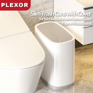 Plexor Slim Trash Cans With Cover 12L/15L Plastic Wastebasket with Press Type Lid Compact Rectangular Sealed Waste Bin with Removable Liner Bucket Garbage Can for Kitchen/ Bathroom and Narrow Spaces