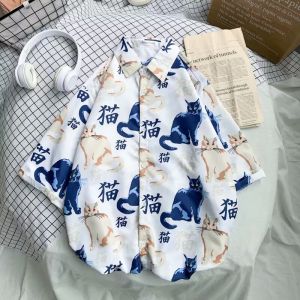 Japanese Loose Chic Trendy Cat Pattern Print Short Sleeve Shirt Mens K-style Trendy Easiest for Match Internet Celebrity Half Sleeve Outwear