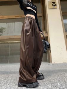QIAONIAOGE | Brown Elastic Waist Matte PU Leather Pants Womens Autumn Winter New Style Retro High-End Feeling Casual Wide Leg Pants