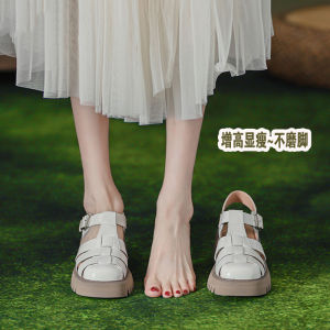 Genuine Leather Roman Style Flat Bottom Sandals Womens 2023 New Thick Heel Versatile Retro Woven Pig Cage Shoes Open Toe