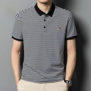ROMON | Lomond Mens Short Sleeve T-Shirt Summer Thin Loose Business Casual Ice Silk Stripe Dads Polo Shirt With Collar Fashionable Urban Style