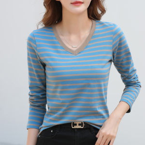 Pure Cotton V-neck Long Sleeves T-Shirt Female Loose Fall and Winter New Outdoor Plus Size Stripes Tops Western Style Inner Wear Undershirt