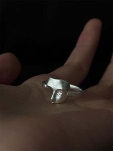 Handmade Open Ring Silver Plated Mask Design Fresh out Fashion Silver 925 Ladies Index Finger Ring with Burnt White Texture