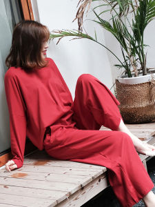 Pajamas Womens Spring and Autumn Pure Cotton Long Sleeves plus Size Wide Leg Pants Thin Suit Red Home Wear Womens 100.00kg with Chest Pad