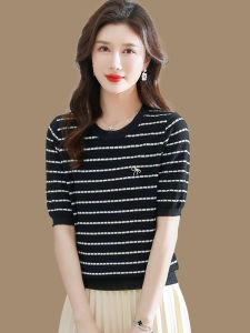 Ice Silk Knitted Short Sleeve T-Shirt Womens Summer Stripe Fashionable Base Shirt Match with Skirt Thin Korean Style Top