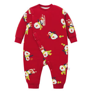 เสื้อผ้าคลุมท้องแบบสวมหัวผ้าฝ้ายแท้สำหรับเด็กแรกเกิด ฤดูใบไม้ร่วงและฤดูหนาว สีแดง เสื้อผ้าเด็กสำหรับนอนและเล่นกิจกรรม