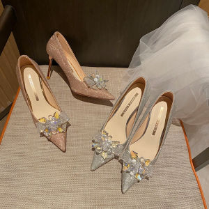 Pointed High Heels Womens Thin Heels Spring and Summer Wedding Shoes Bride Shoes Crystal Shoes Size 31-43