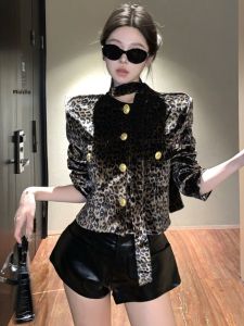 GUZILIAN | French Style Velvet Belted Leopard Print Short Coat Womens Autumn Winter New Elegant Lady High-End Feeling Top Korean Loose Fit