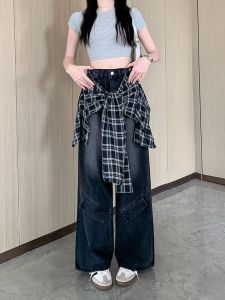 American Retro Detachable Cheek Curtain Jeans Womens High Waist Slim Straight Wide Leg Floor Length Pants Casual Style