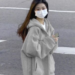 SHUQINGLAI | Áo Hoodie Kích Cỡ Lớn Phong Cách Retro Có Zip