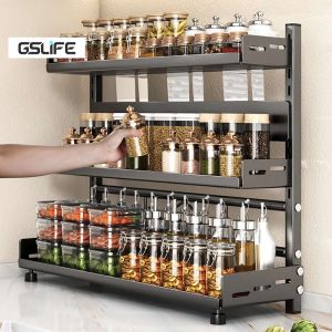 GSLIFE 2/3 Susun Rak Bumbu Dapur Rak Dapur Serbaguna Rak Botol Bumbu Stainless Steel