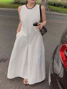 M.Five2025 Summer New Simple Elegance round Neck Sleeveless Waist Cinch Slim A-Line Fashion Loose Dress Commute Korean Style