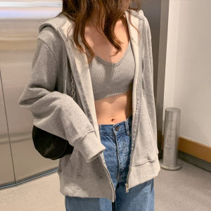 เสื้อสเวตเตอร์คาร์ดิแกนฮู้ดสีเทา สำหรับผู้หญิง ฤดูใบไม้ร่วง/ฤดูหนาว 2024 เสื้อคลุมกันหนาวแบบบาง ทรงหลวม ลำลอง คอตตอนผสมโพลีเอสเตอร์