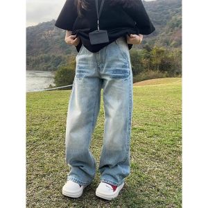 กางเกงยีนส์ทรงหลวมสไตล์อเมริกันสำหรับผู้ชาย ทรงขาตรง ทรงหลวม ทรงขากระบอกเล็ก กางเกงยีนส์ทรงหลวมสำหรับผู้ชาย