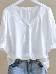 Yao Kexin Womens Short Sleeve V-Neck Shirt Easiest for Matching Straight Tube Design Loose Fit Summer Casual Wear