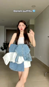 LS_ Đầm jean váy mặc hè đầm Chất Jean trễ vai phối tơ ôm body dáng ngắn dễ thương