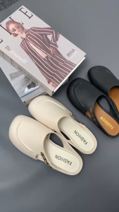 YooWoo Sandal Slop Wanita / Sandal Wanita Kekinian / Sandal Anti Slip / Sandal Mule Ujung Bulat Hollow Santai / Sandal Wanita Retro Prancis Baotou / Sandal Wanita Terbaru 2025