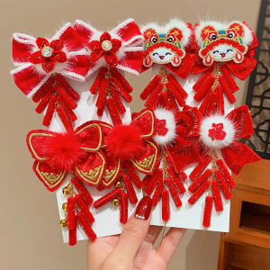 New Year Celebration Girls Hair Clips Childrens Festive Butterfly Knot Hair Accessories Red Color Baby Headwear Chinese Style
