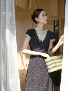 XXNING | Vintage Lace Edge Polka Dot Floral Print Waist-Cinching Dress