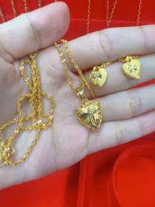 Rantai leher emas cop 916 gold original love pendant necklace earring set womens wedding jewelry gift 项链