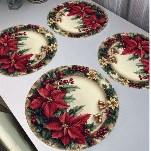 VIKAMA 4-Piece Christmas Poinsettia Gold-Edged Placemats Holiday Gathering Family Dining Table Decor Accessories Party Decor