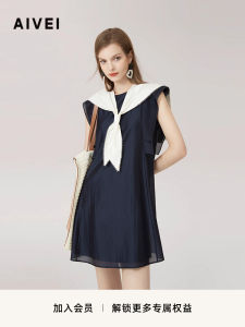 Aivei Summer New Ageless Loose Navy Collar Dress Q723003A Womens Casual Fashion Dress Natural Waist Sleeveless Short Skirt