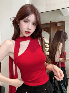 GUZILIAN | American Style Short Crop Top Strap Design Sensual Slimming Summer Vest Casual Fashion Neck Hanging Diagonal Collar Womens Top