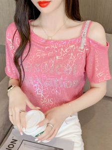European Goods Rhinestone off-the-Shoulder Short Sleeve T-Shirt Womens Summer Loose-Fitting Fashion Fashionable Stylish Niche Style Chic Short Top Clothes