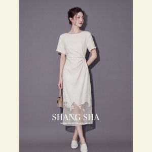 SHANGSHA | Elegant Midi Dress for Women with Knot Waist Design Lace Trim Comfortable Fit Summer Dress for Important Occasions