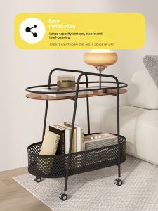 Internet Celebrity Movable Glass Side Table Living Room with Wheels Mid-Ancient Trolley Coffee Table Storage Side Table Sofa Corner Table Side Cabinet