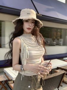 GUZILIAN | Summer Design Sensation Mesh Belted Elastic Waist Short Sleeveless Ruffle Top Women Outerwear Bandage Vest Strap Folded Hem Shirt