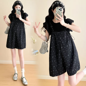 Pregnant Maternity Clothes Summer New Style Mesh Sleeve Short Sleeve + Floral Bib Shorts Two-Piece Set