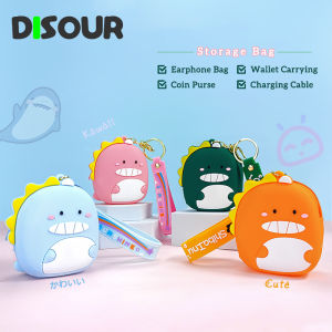 DISOUR Cute Dinosaur Silicone Mini Portable Headphone Bag Coin Purse Earphone USB Cable Case Storage Bag Cute Wallet Wired Earphone Bag Accessories