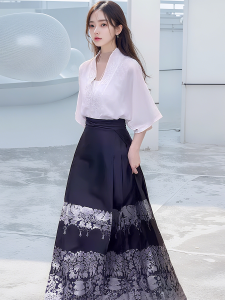 New Chinese Style National Trend Improved Hanfu Black Horse Tail Skirt Summer Thin Large Size Womens Daily Commute Set