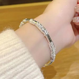 Dainty Womens S925 Expandable Bangle Leaf Carving Silver Bracelet Ladies Jewelry for Women Girls