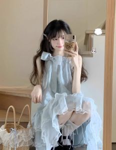 Váy Ngắn Cổ Treo Thắt Nút Bướm Ngọt Ngào Cổ Điển Cho Nữ Mùa Hè Nhỏ Nhắn Dễ Thương Phong Cách Ngọt Ngào Nhẹ Nhàng Váy Công Chúa Không Tay