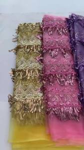 Luxury African Sequins Beaded Lace Fabric 2025 High Quality Lace 5 Yards Gold French Lace Fabric Nigerian Net Lace Fabrics Part