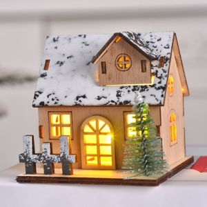 LED Wooden Christmas House Village Unfinished Xmas Snow House DIY Wood Chalet Tree Ornaments Christmas Table Centerpieces