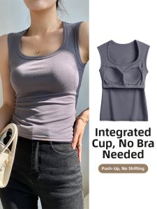 Womens Cotton Tank Top with Chest Pad Summer New Style 2024 Outerwear Wide Shoulder Strap Base Shirt Commute Style Pure Color