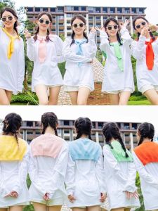 ผ้าคลุมไหล่ถักแบบมีเชือกผูกสไตล์เกาหลีสำหรับผู้หญิงในฤดูใบไม้ผลิและฤดูร้อน ผ้าคลุมไหล่สีพื้นแบบเล็ก ปลอมคอ เส้นใยโพลีเอสเตอร์