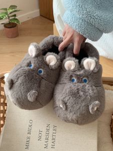 Comfortable Warm Plush Winter Home Slippers Fine Strips Mens Anti-slip High Heel Cartoon Couple Cotton Slippers