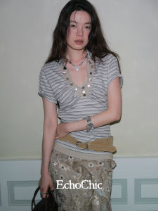 Striped Fake Two-Piece Knit T-Shirt