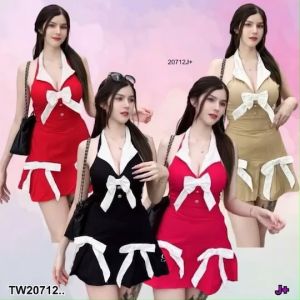 B20712  set 2 ชิ้น เสื้อแขนกุด ปกใหญ่ ติดโบว์ + กระโปรงติดโบว์ Set of 2 pieces: sleeveless shirt large collar bow + skirt with bow.
