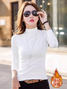 Double-Sided Velvet Long Sleeve Womens Base Shirt Korean Style Fleece-Lined Half High Collar Brushed Slim Fit White Warm Top
