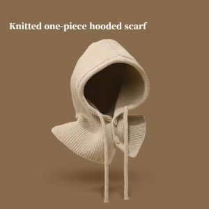 Winter Knitted Balaclava Hoodie Womens Drawstring Integrated Adjustable Brimless Hat Warm and Fashionable Korean Versatile Hat